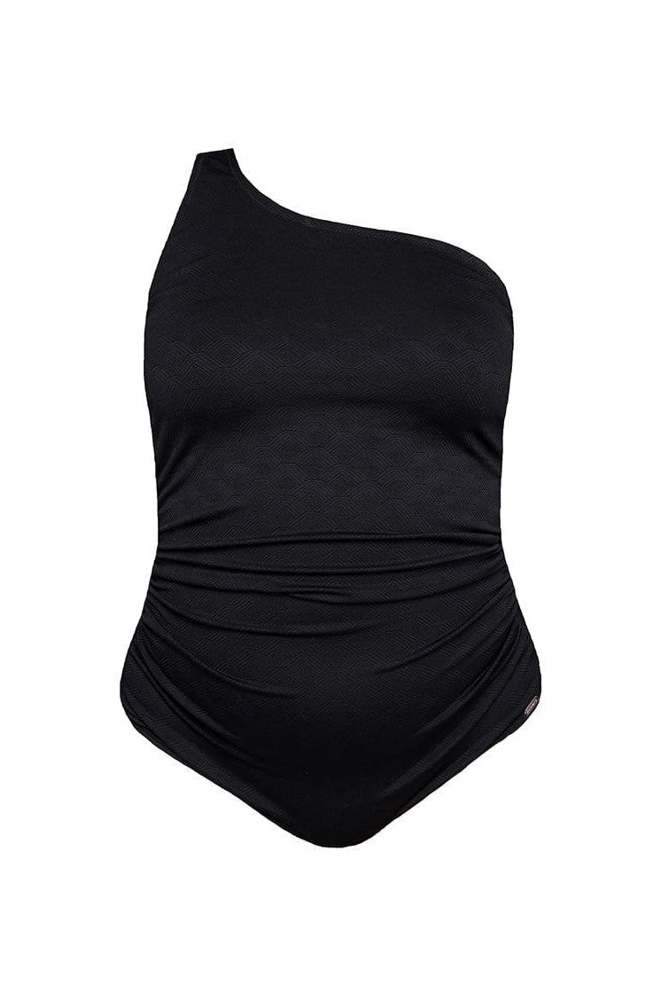 Ghost mannequin of black one shoulder one piece swimwear