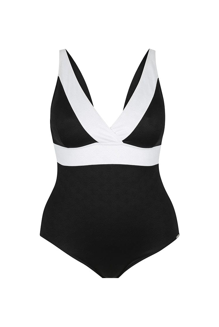 Ghost mannequin black with white stripes v neck one piece