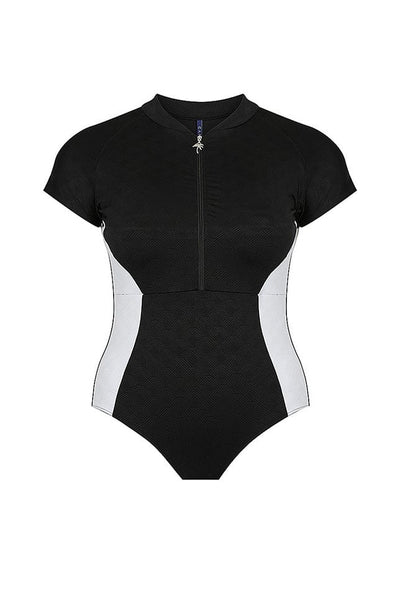 ghost mannequin of black zip front high neck one piece with white spliced details