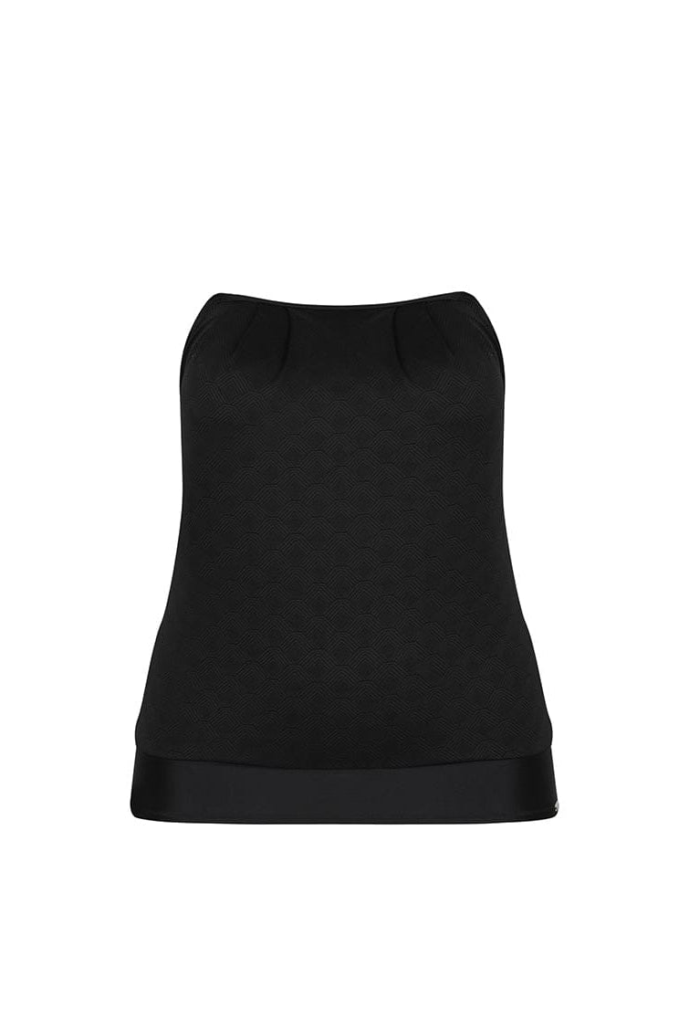 Ghost mannequin of strapless flouncy bandeau tankini top