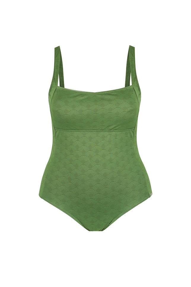 Ghost mannequin wearing olive green textured one piece swimsuit