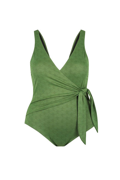 Ghost mannequin wearing olive green textured one piece tie side swimsuit 