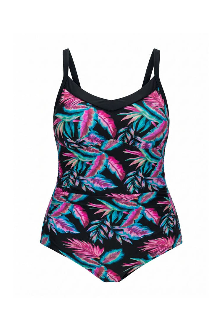 One-piece swimsuit with colorful leaf pattern on a white background