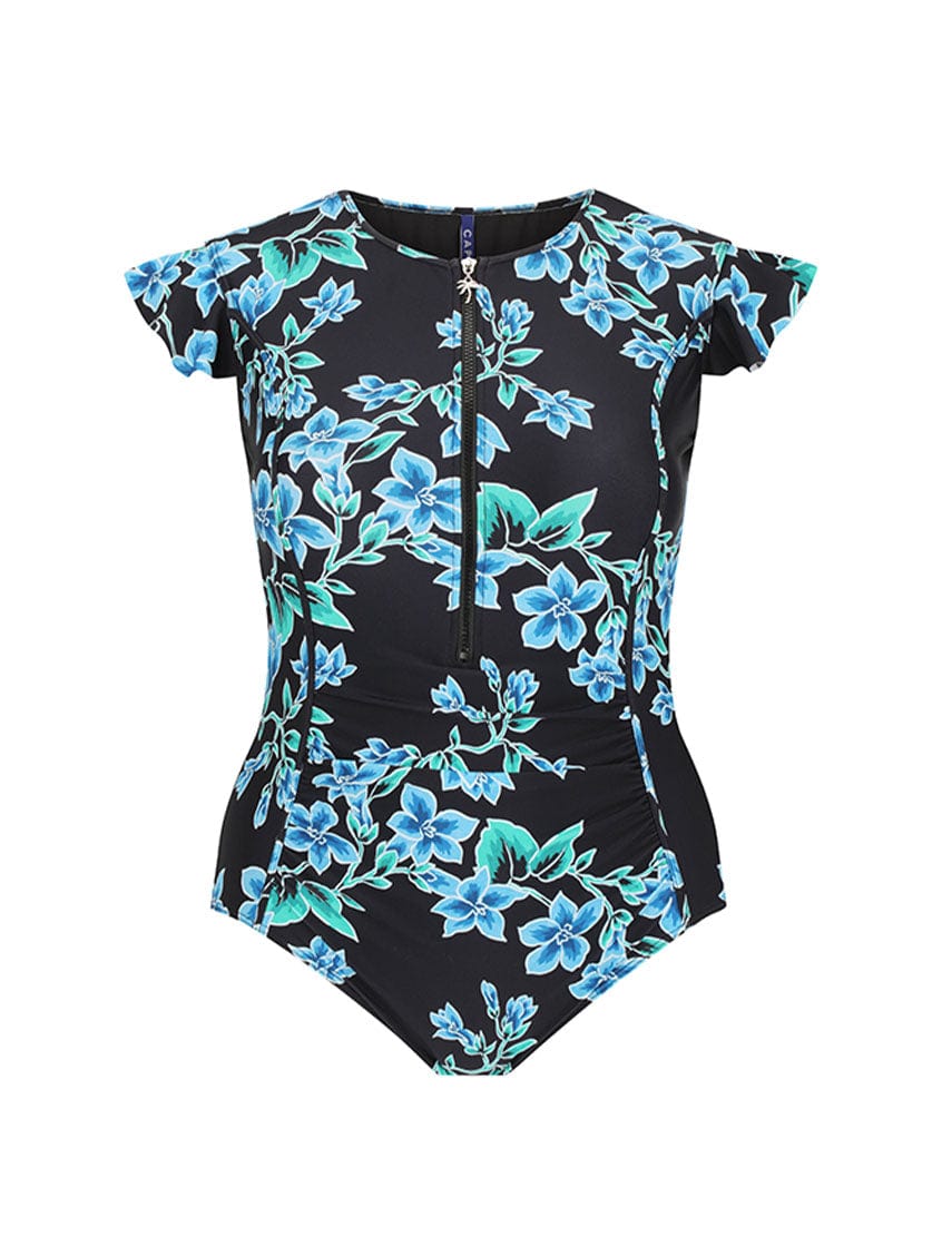 Ghost Mannequin of Blue Floral One Piece with Frill Sleeves and Front Zip