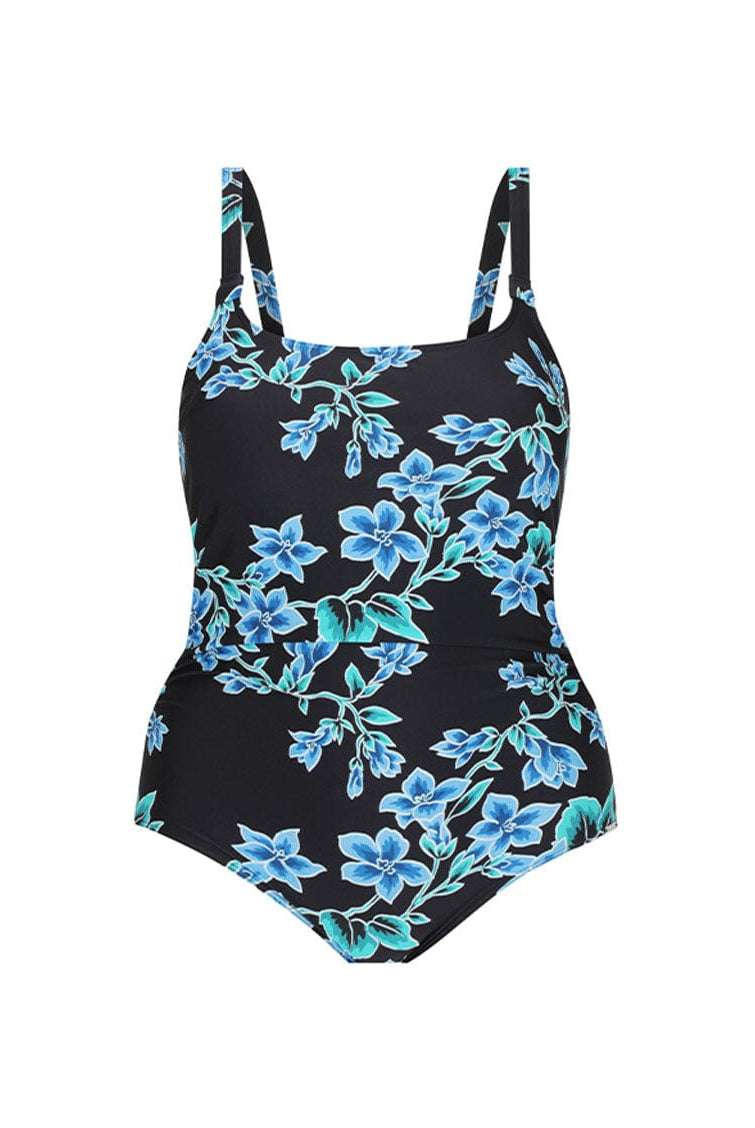 Ghost mannequin of blue floral tank one piece swimsuit