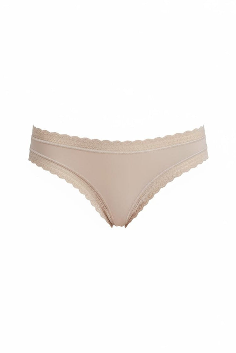 Beige lace-trimmed underwear on a white background