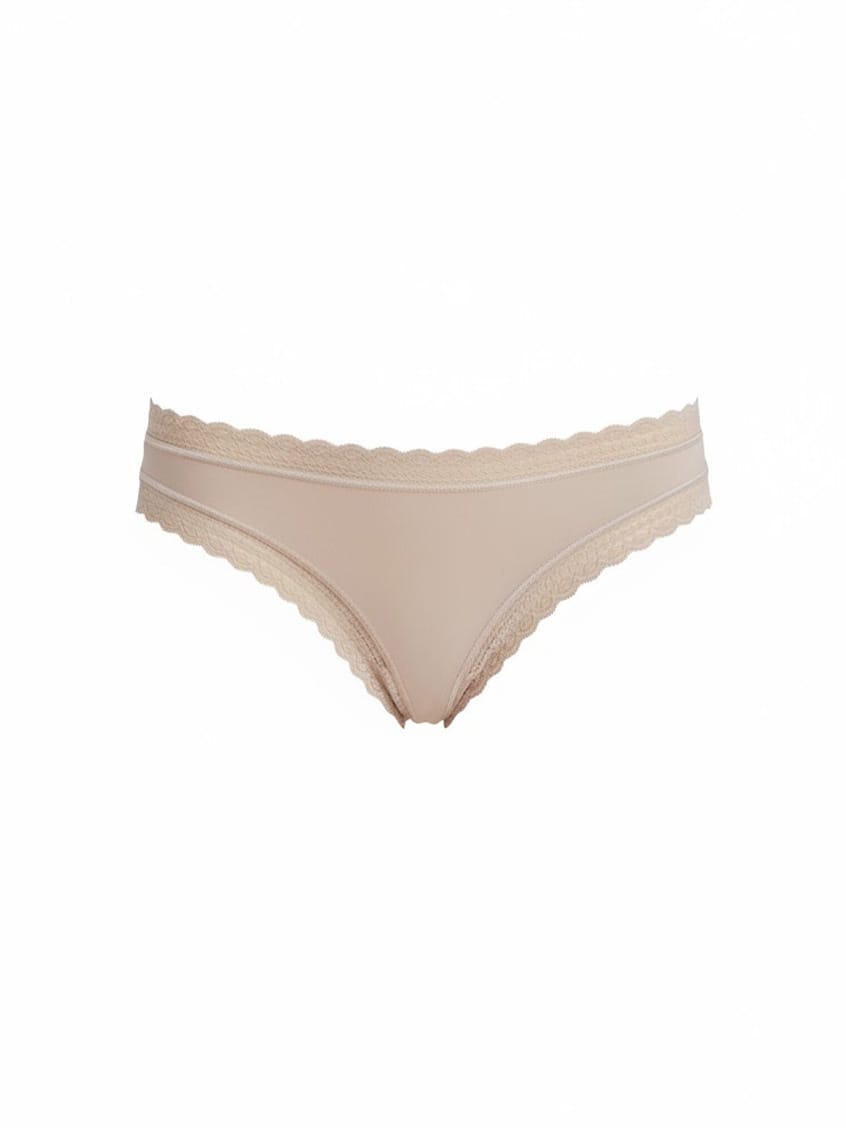 Beige lace-trimmed underwear on a white background