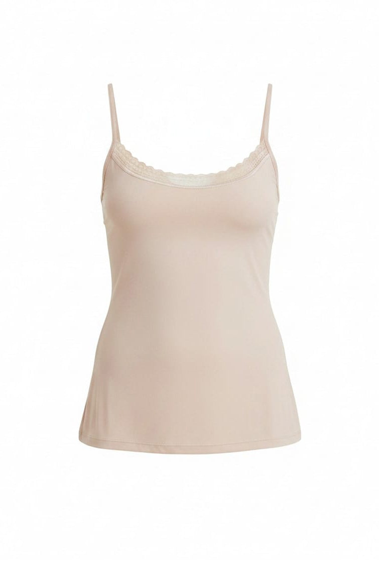 Beige camisole with lace trim neckline