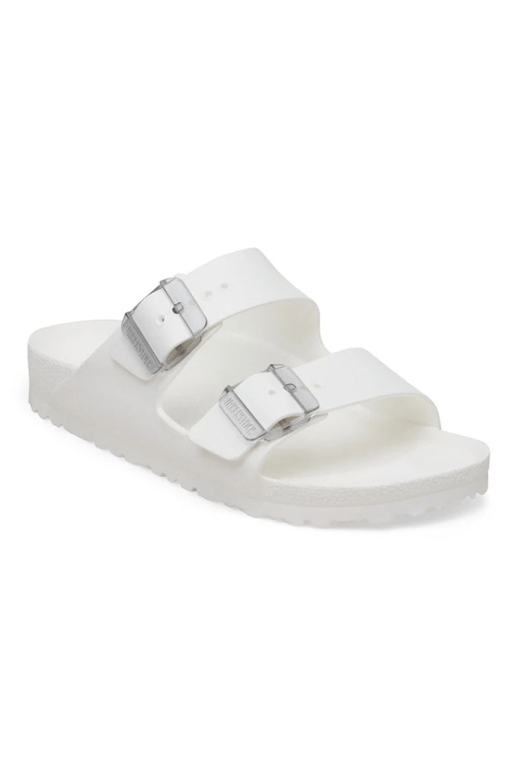 White birkenstock beach sandal with big buckle
