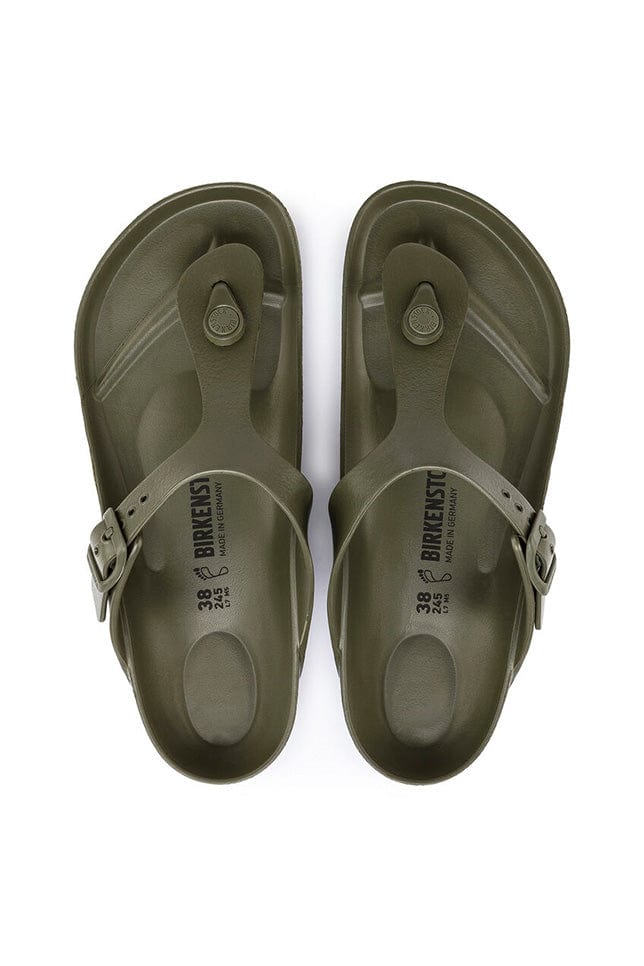 overview photo of the khaki rubber flat beach sandal with T bar support and adjustable sides