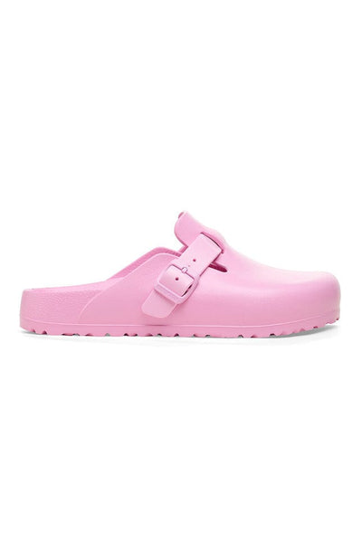 Light pink covered toe beach clogs with buckle