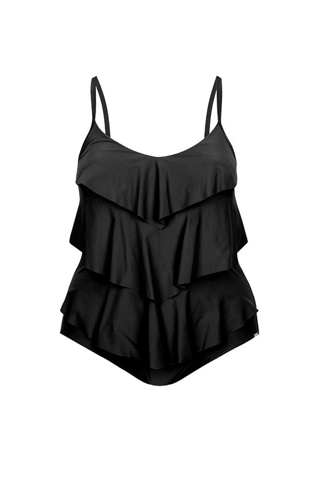 Ghost mannequin black ruffle one piece swimsuit