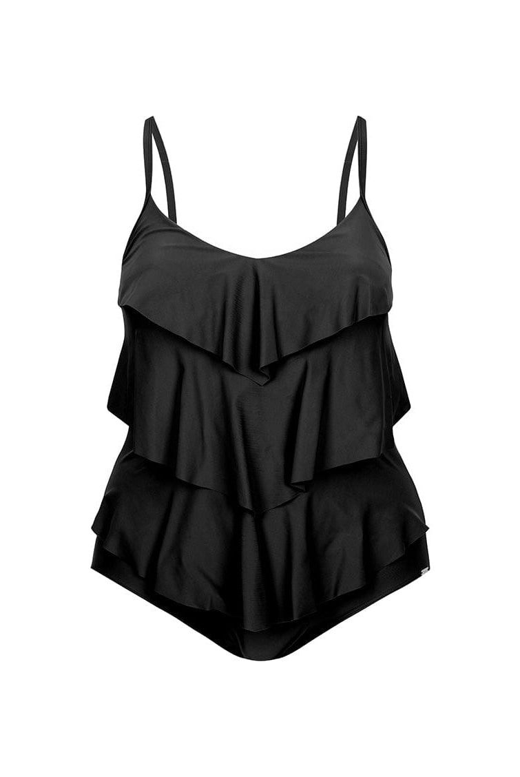 Ghost mannequin black ruffle one piece swimsuit