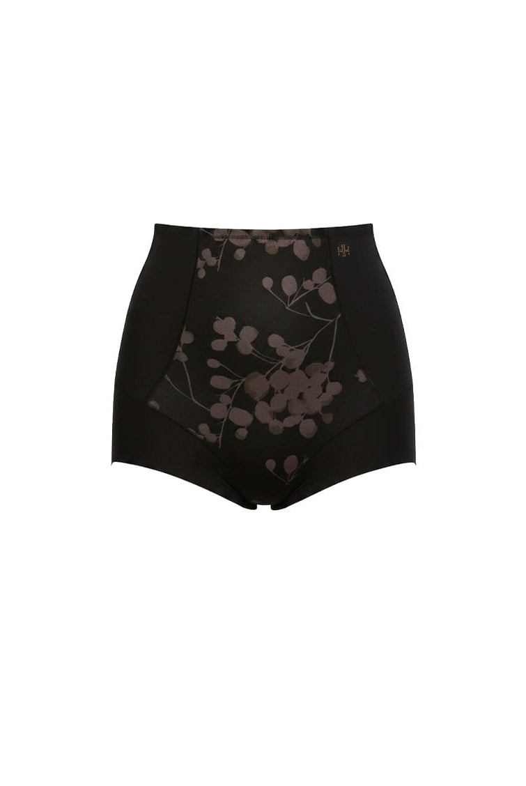 Black high-waisted shorts with floral pattern on a white background