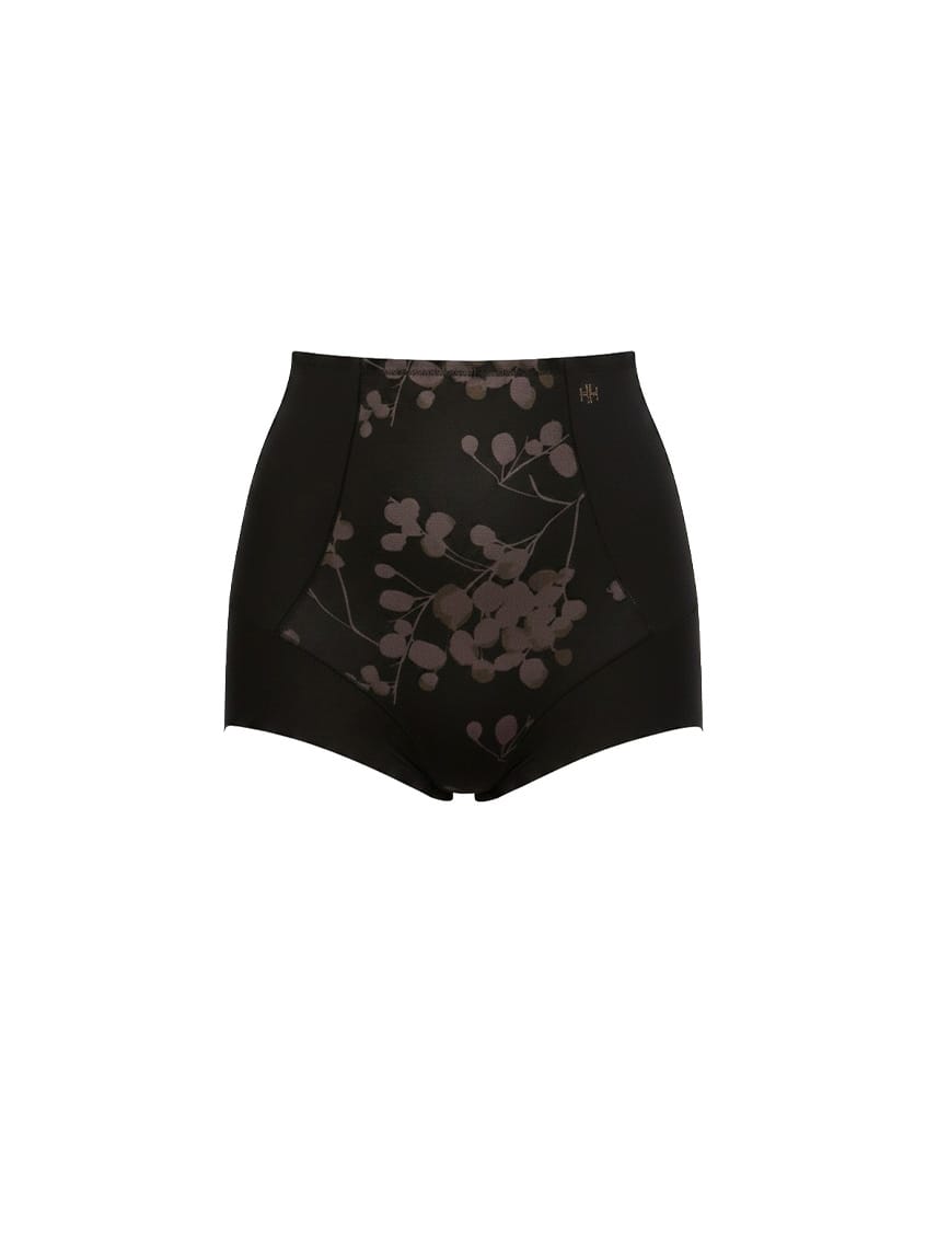 Black high-waisted shorts with floral pattern on a white background