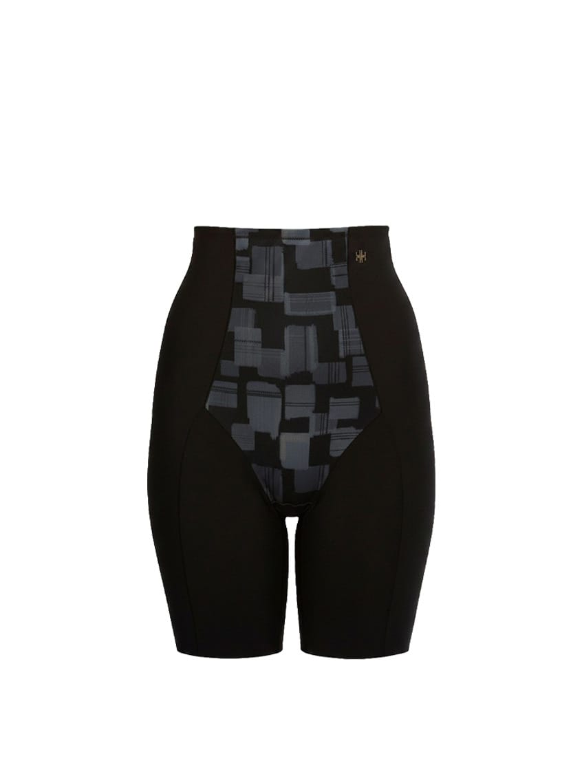 Black shapewear shorts with geometric pattern on a white background