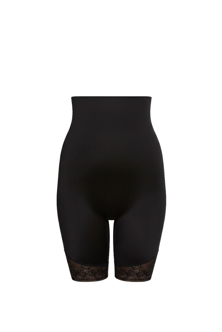 Black shapewear shorts with lace trim on a white background