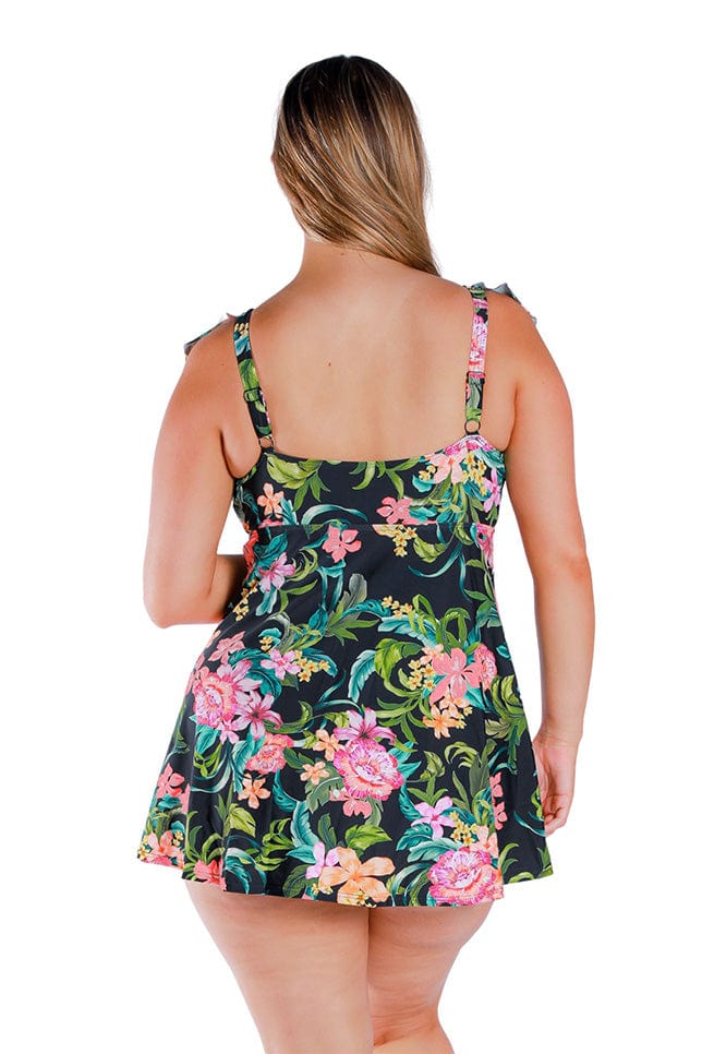 Blonde model wears black floral adjustable straps swim dress