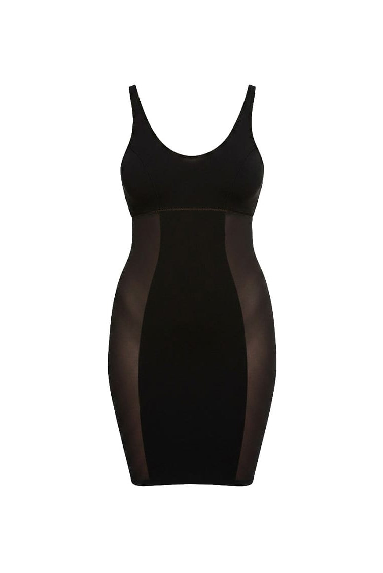 Black dress with sheer panels on a white background