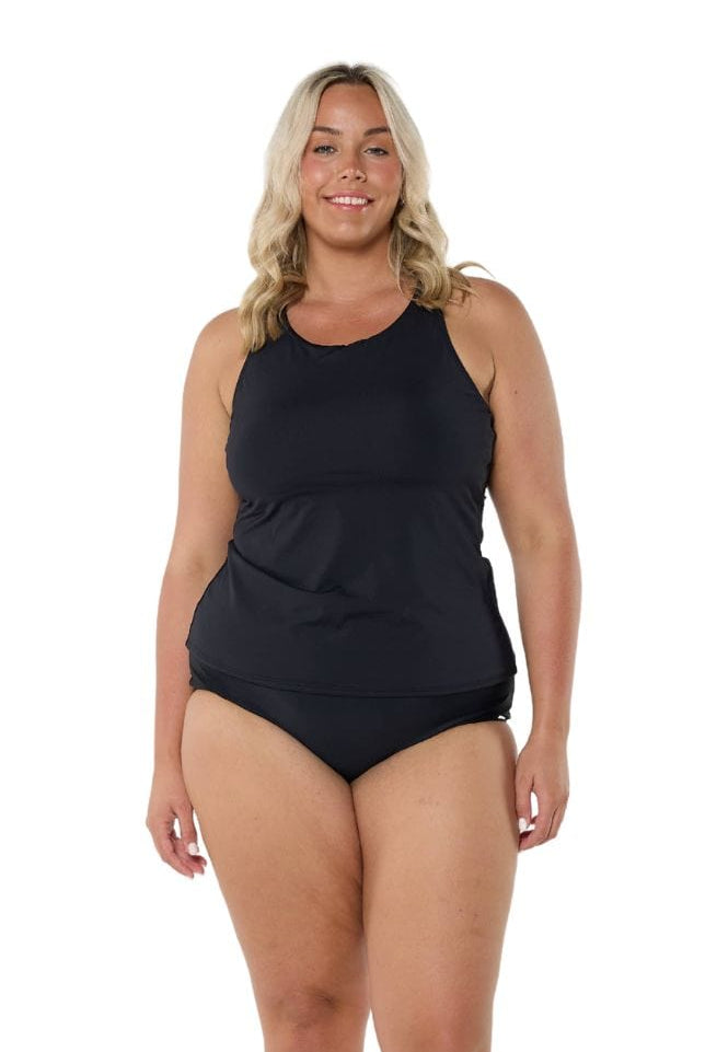 Model wearing black high neck tankini top with matching bottom