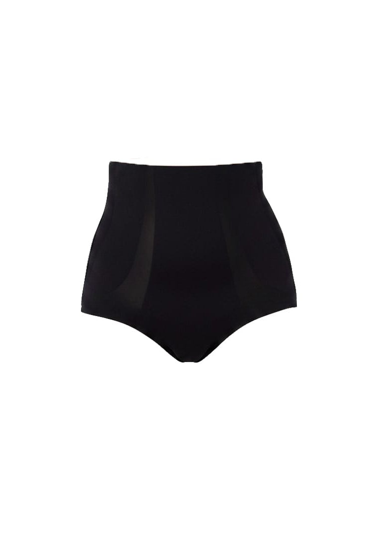 Black high-waisted briefs on a white background