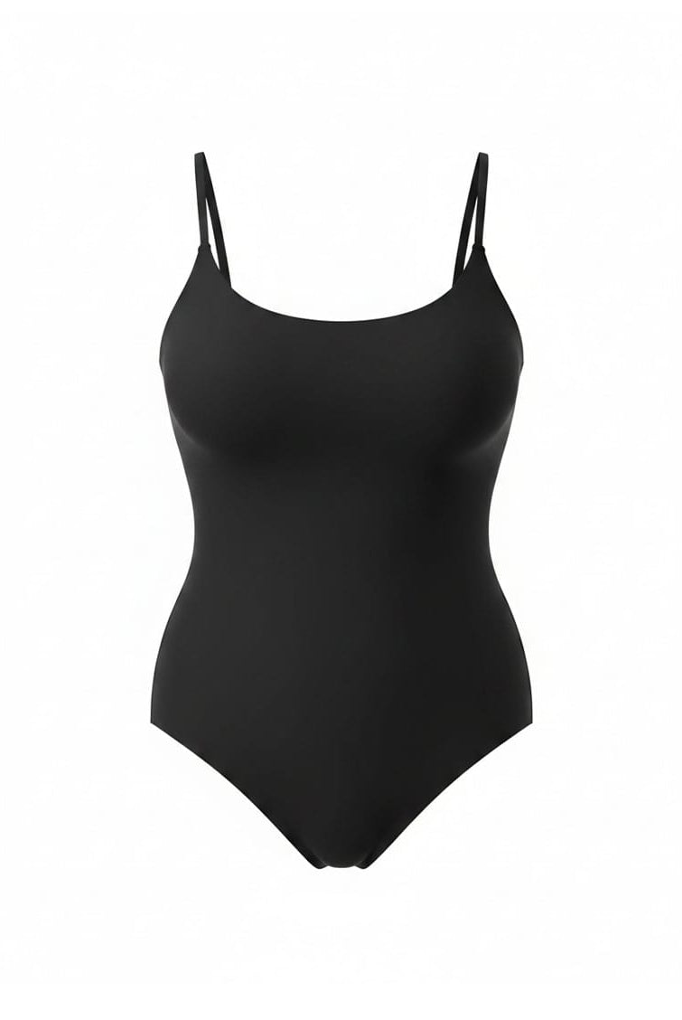 Black bodysuit with thin straps on a white background