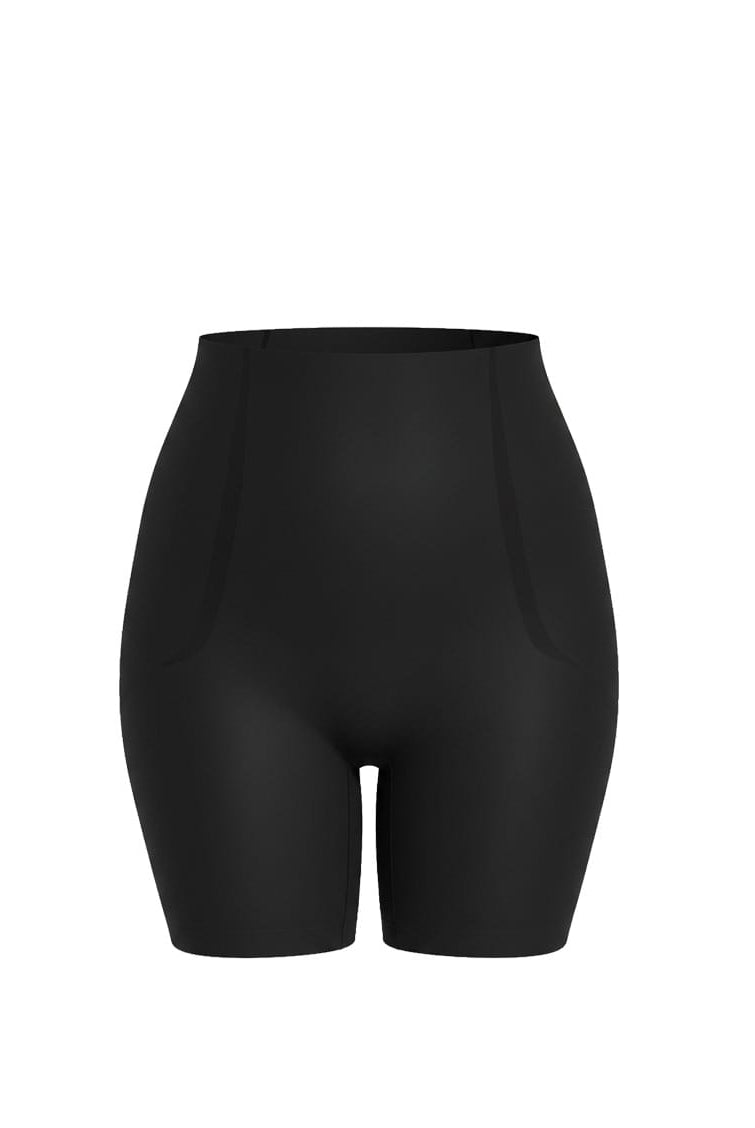 Black high-waisted shorts on a white background