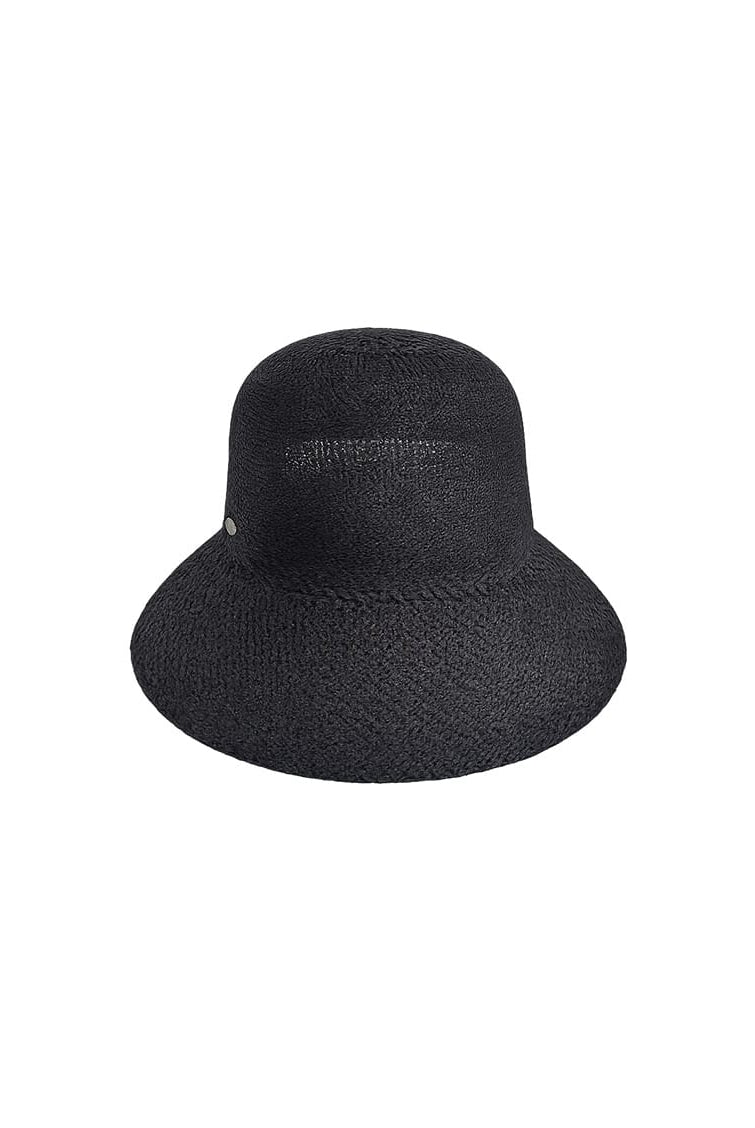 Black bucket hat with text on a white background