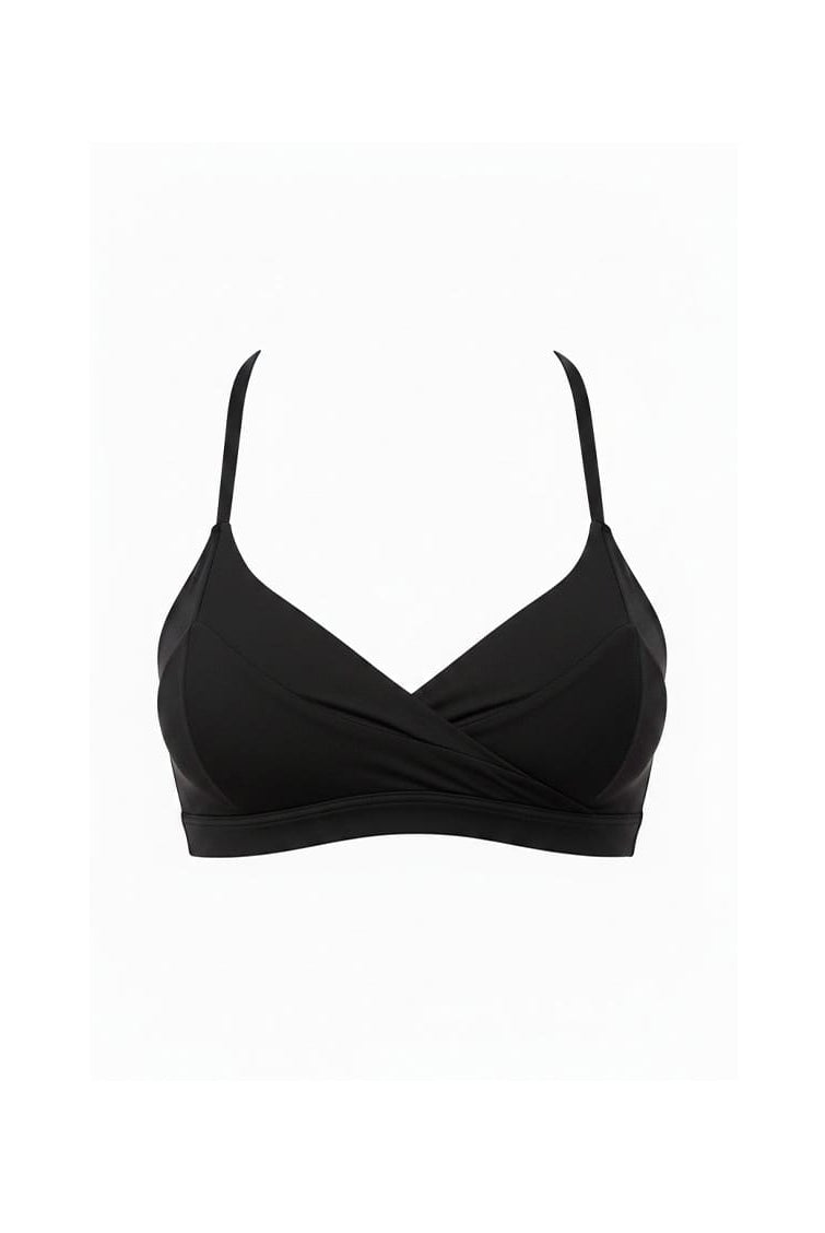 Black bralette top on a white background