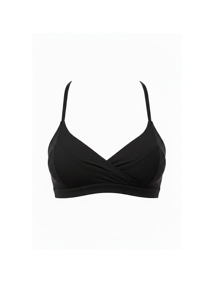Black bralette top on a white background