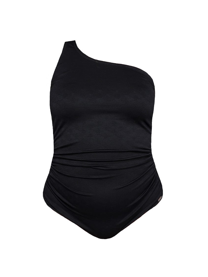 Ghost mannequin of black one shoulder one piece swimwear