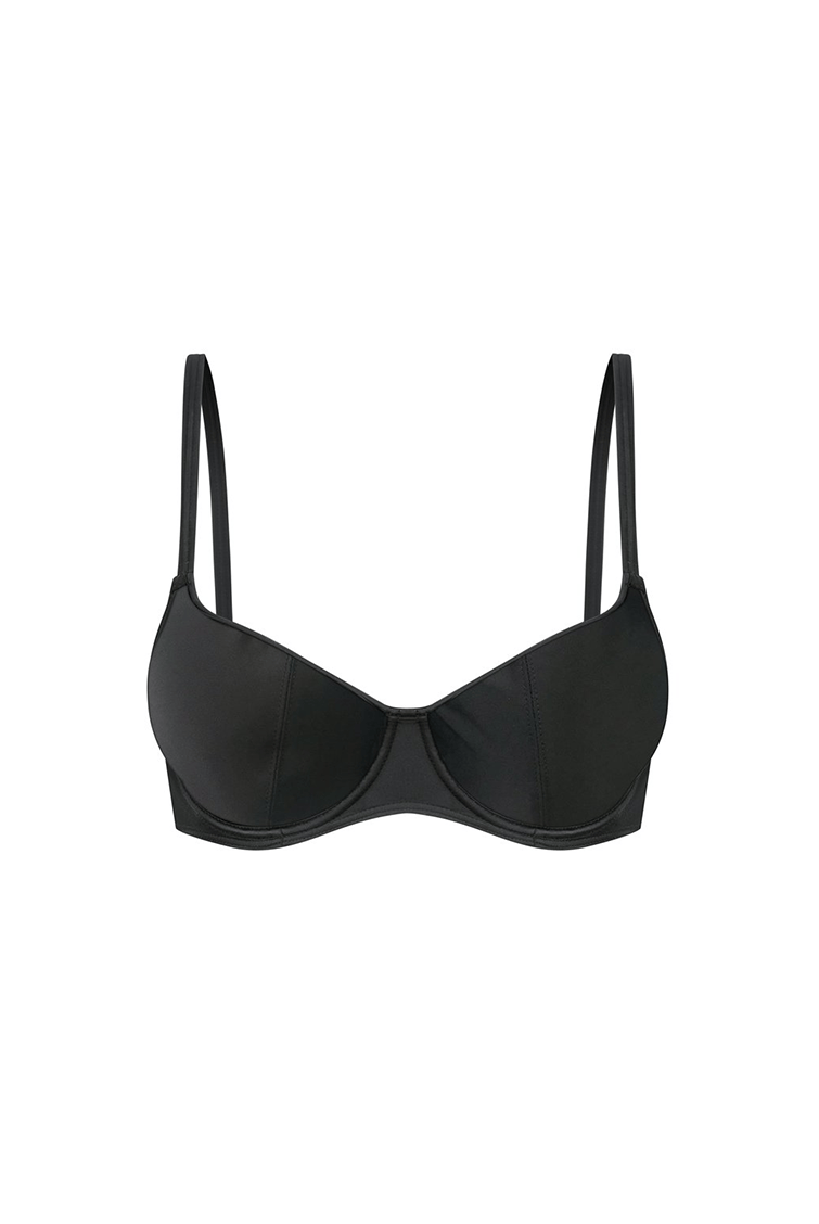 ghost mannequin image of a black underwire bikini top with adjustable straps
