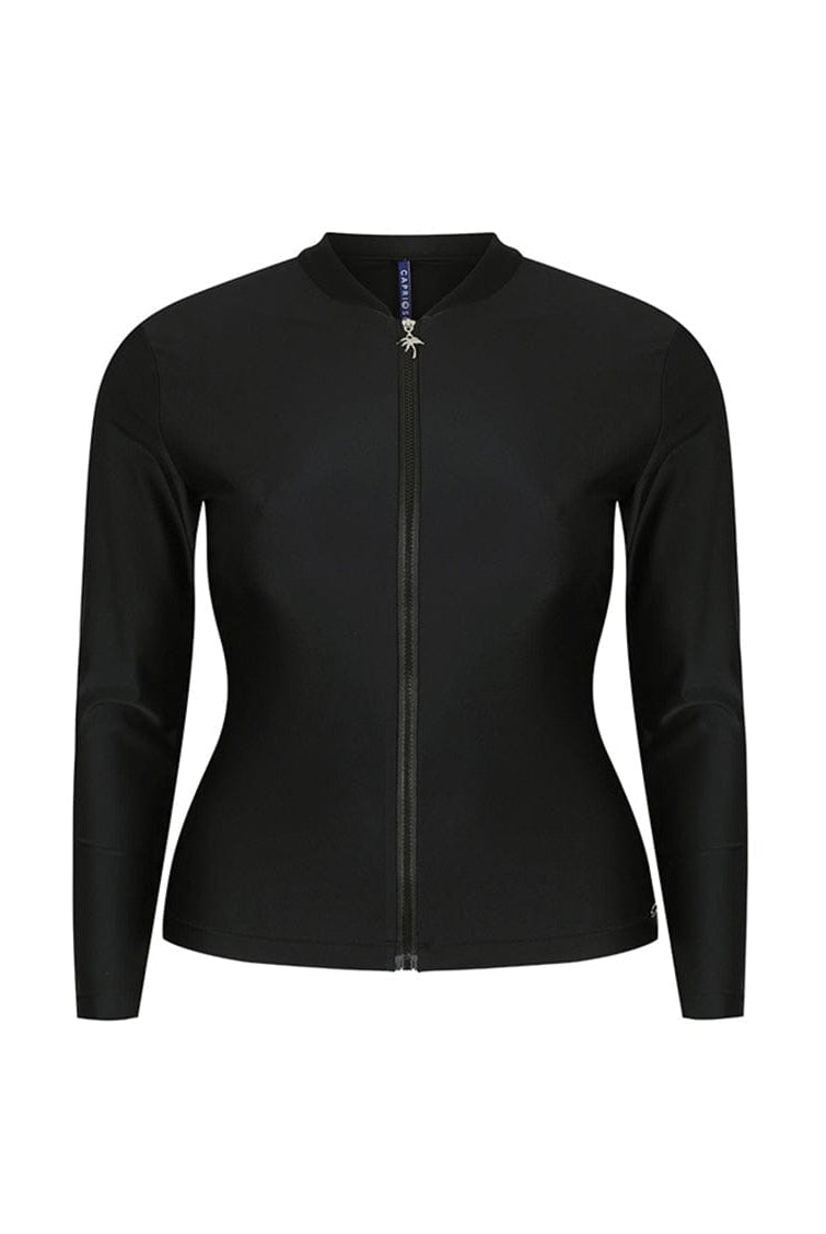 ghost mannequin image of black long sleeve rash vest with full length zip front