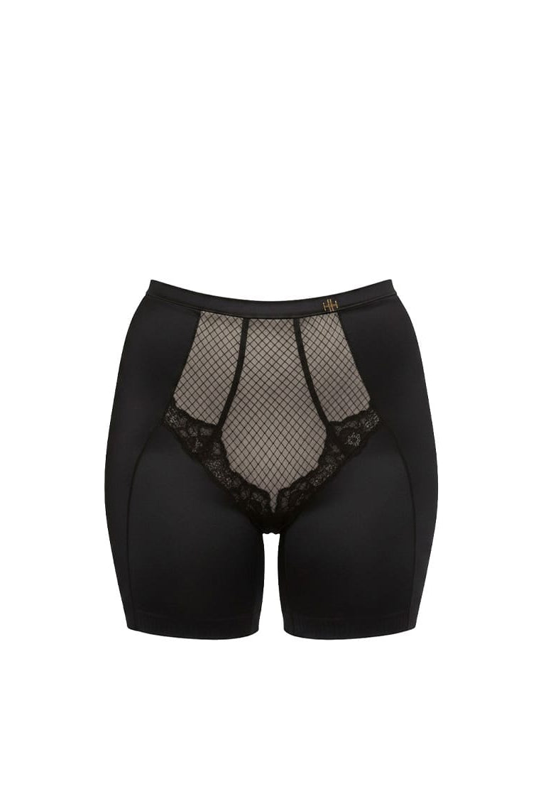 Black shapewear with mesh and lace details on a white background