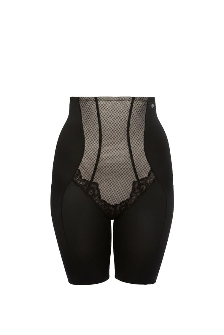 Black high-waisted shorts with fishnet and lace details on a white background