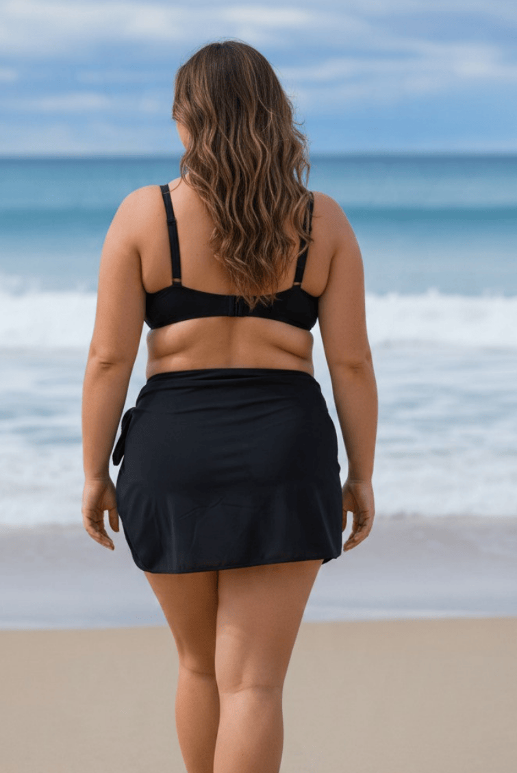 A woman stands on a beach facing the ocean, wearing a black swim bikini top and a matching black wrap skirt.
