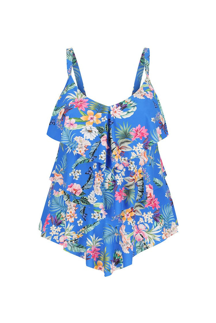 Ghost mannequin of blue floral tiered tankini top with shelf bra
