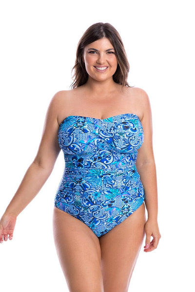Model wearing blue patterned strapless one piece