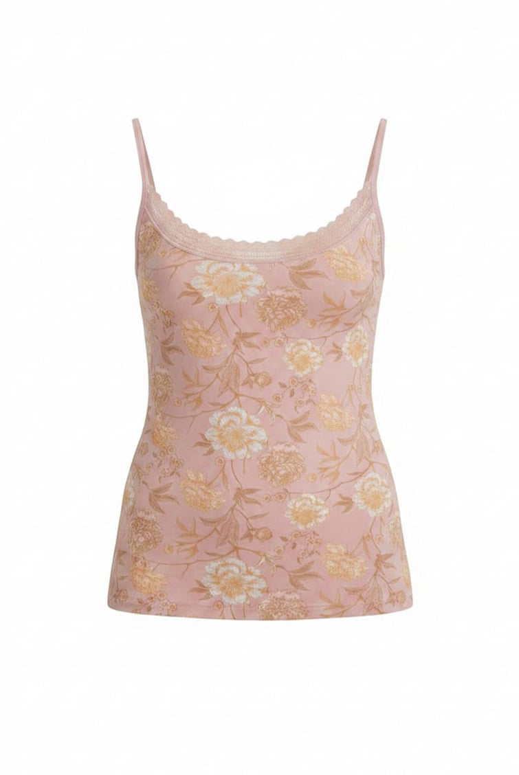 Pink floral patterned camisole on a white background