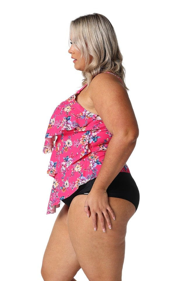 Model showing side of hot pink floral 3 tier tankini top