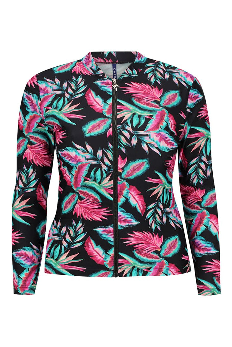 Jacket with tropical leaf pattern on a white background