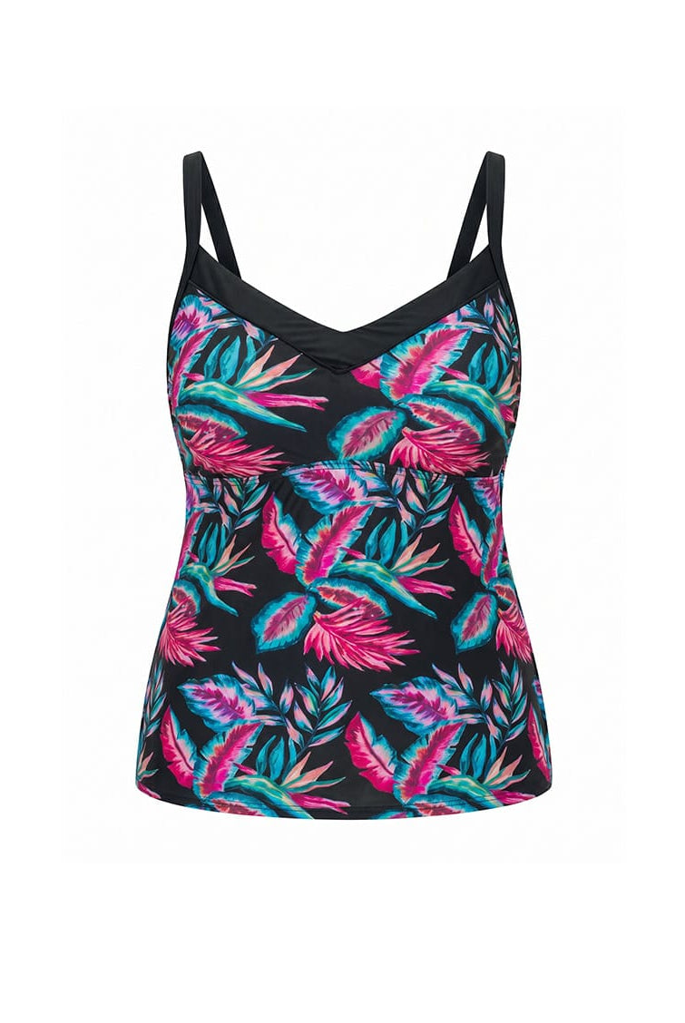 Tankini top with tropical leaf pattern on a white background
