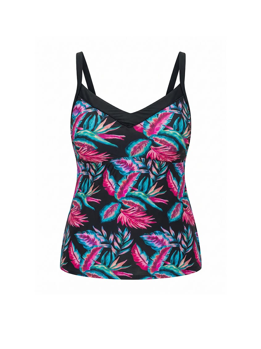 Tankini top with tropical leaf pattern on a white background