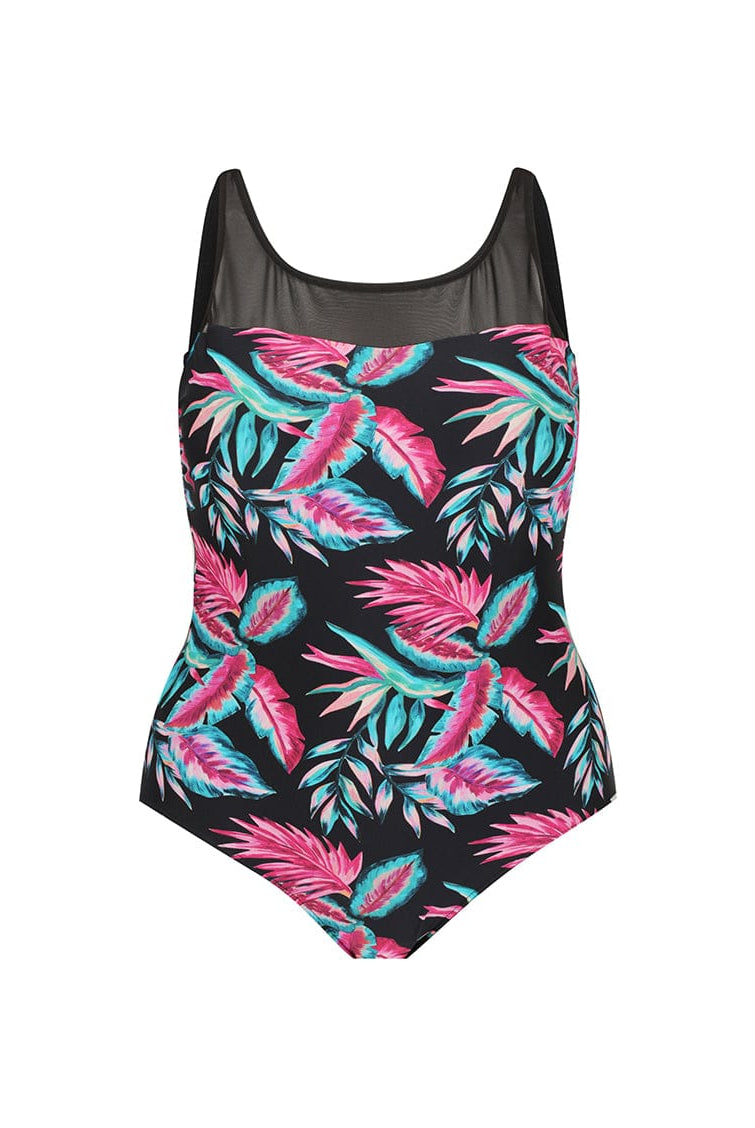 One-piece swimsuit with tropical leaf pattern on a white background