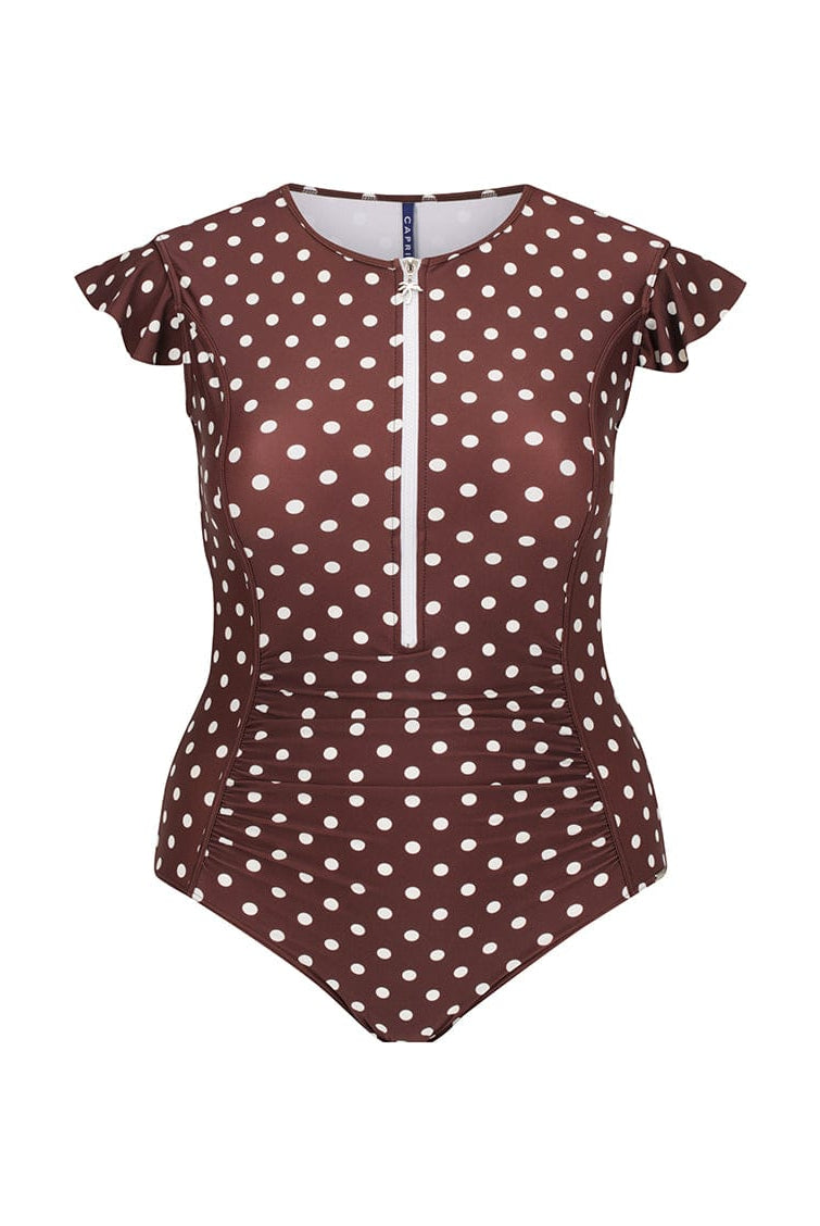 Brown polka dot swimsuit with a zipper on a white background