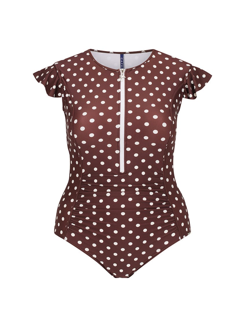 Brown polka dot swimsuit with a zipper on a white background