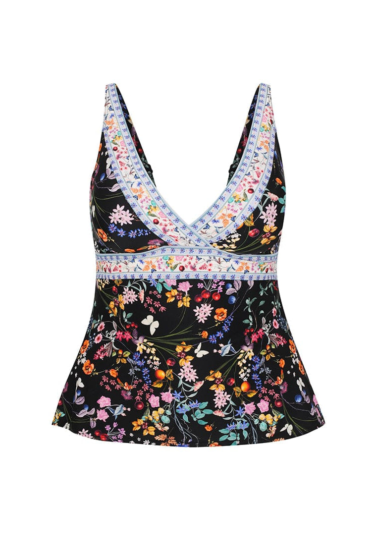 Floral-patterned tankini top with lace trim on a white background