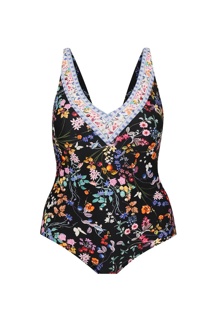 Floral-patterned swimsuit with lace trim on a white background