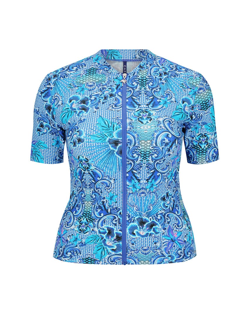 Blue floral patterned cycling jersey on a white background