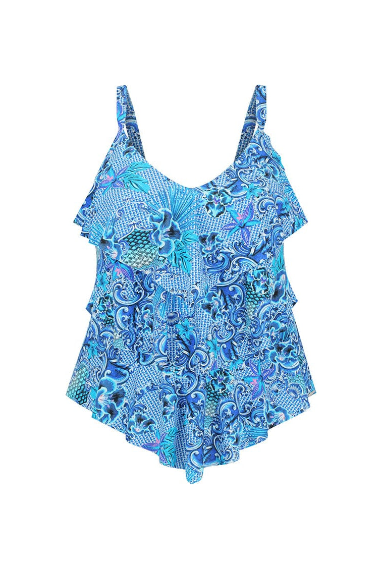 Blue patterned swimsuit on a white background